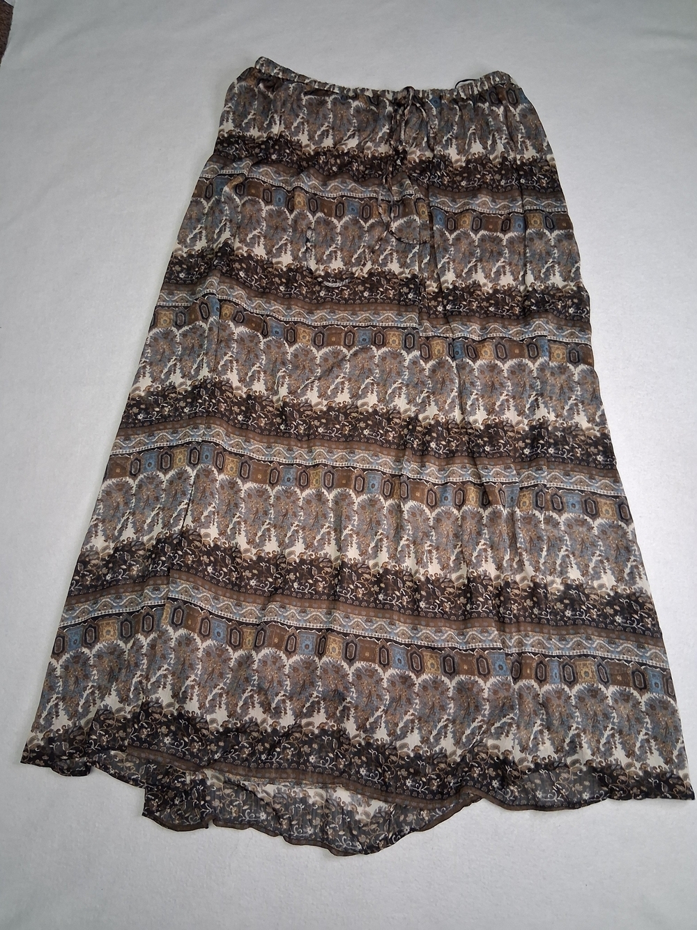 Brown Boho Patterned A-Line Maxi Skirt with Elastic Waist